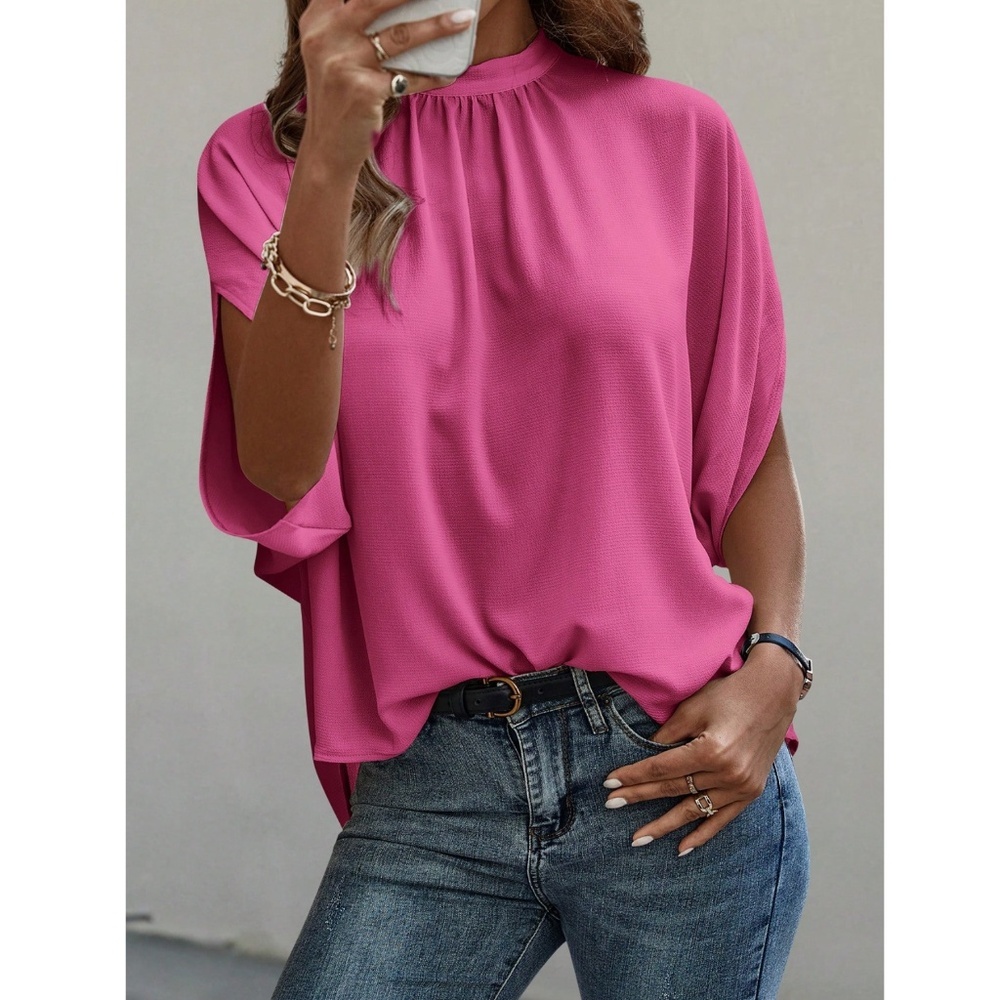 Pink Casual Top, Blouse Stand Collar Tie Back Half Sleeve